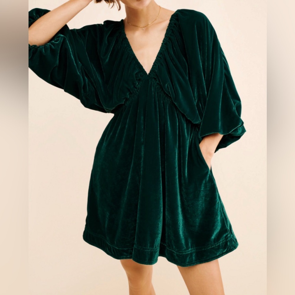 NWT Free People Portia Velvet Mini Dress in Emerald Green Size XL